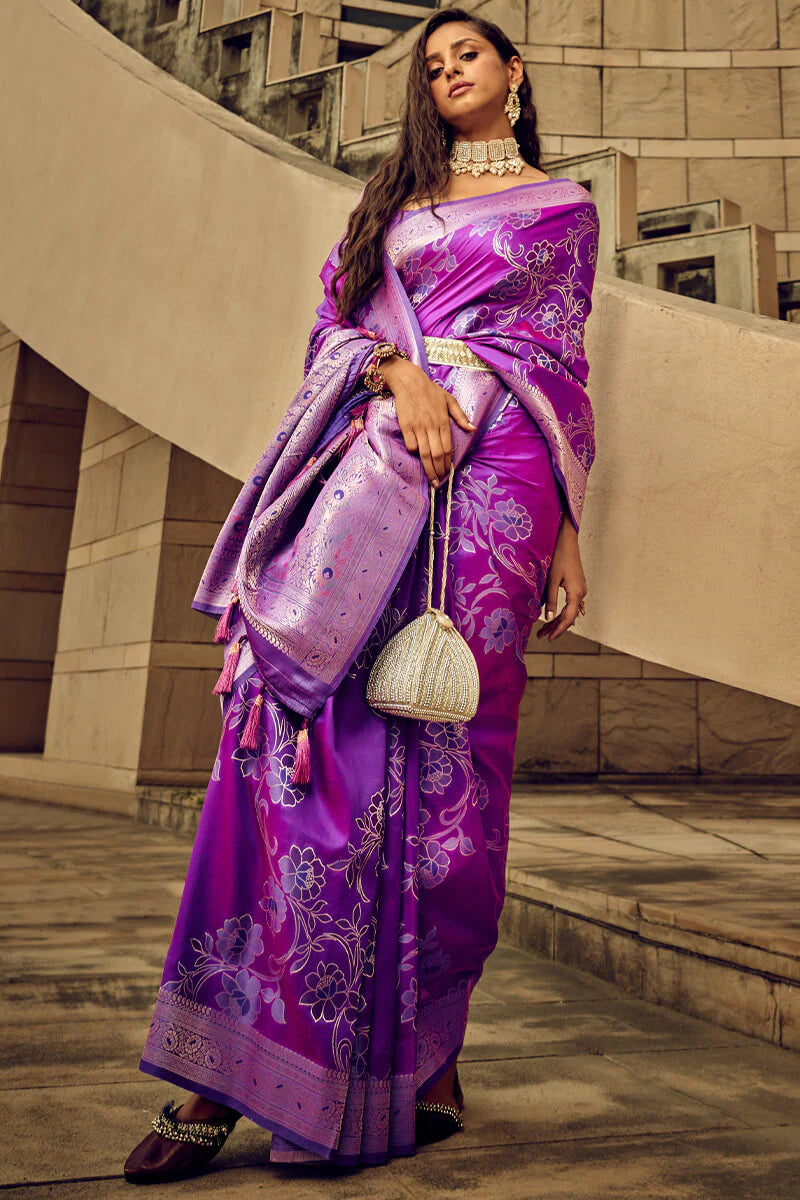 Purple Color Zari Woven Banarasi Handloom Satin Saree