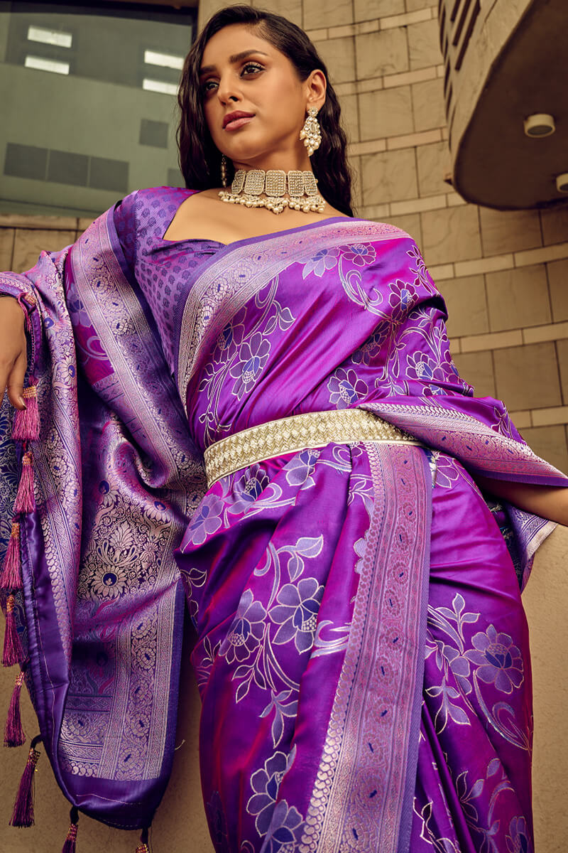 Purple Color Zari Woven Banarasi Handloom Satin Saree