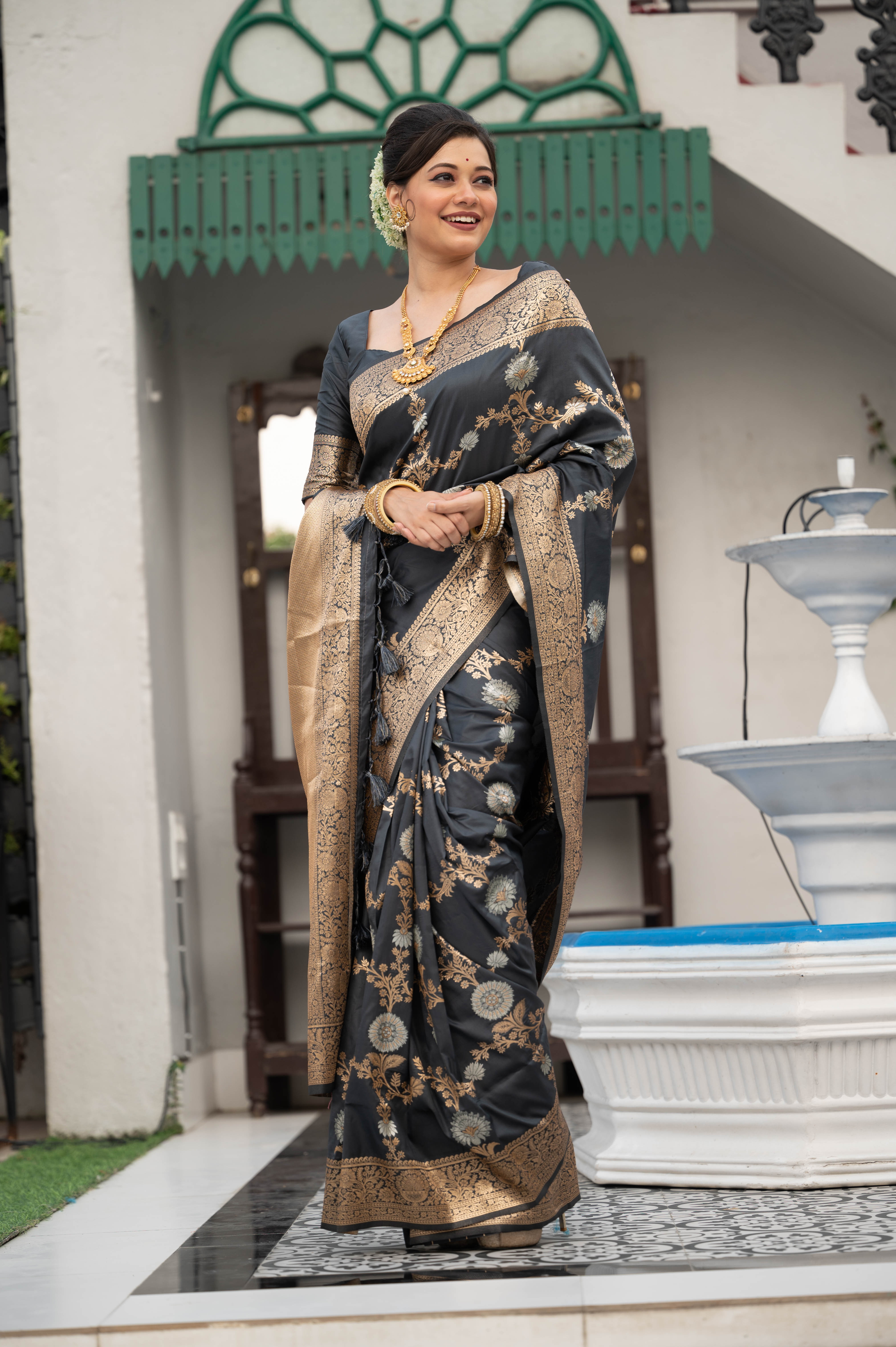 Ship Grey Woven Banarasi Silk Saree