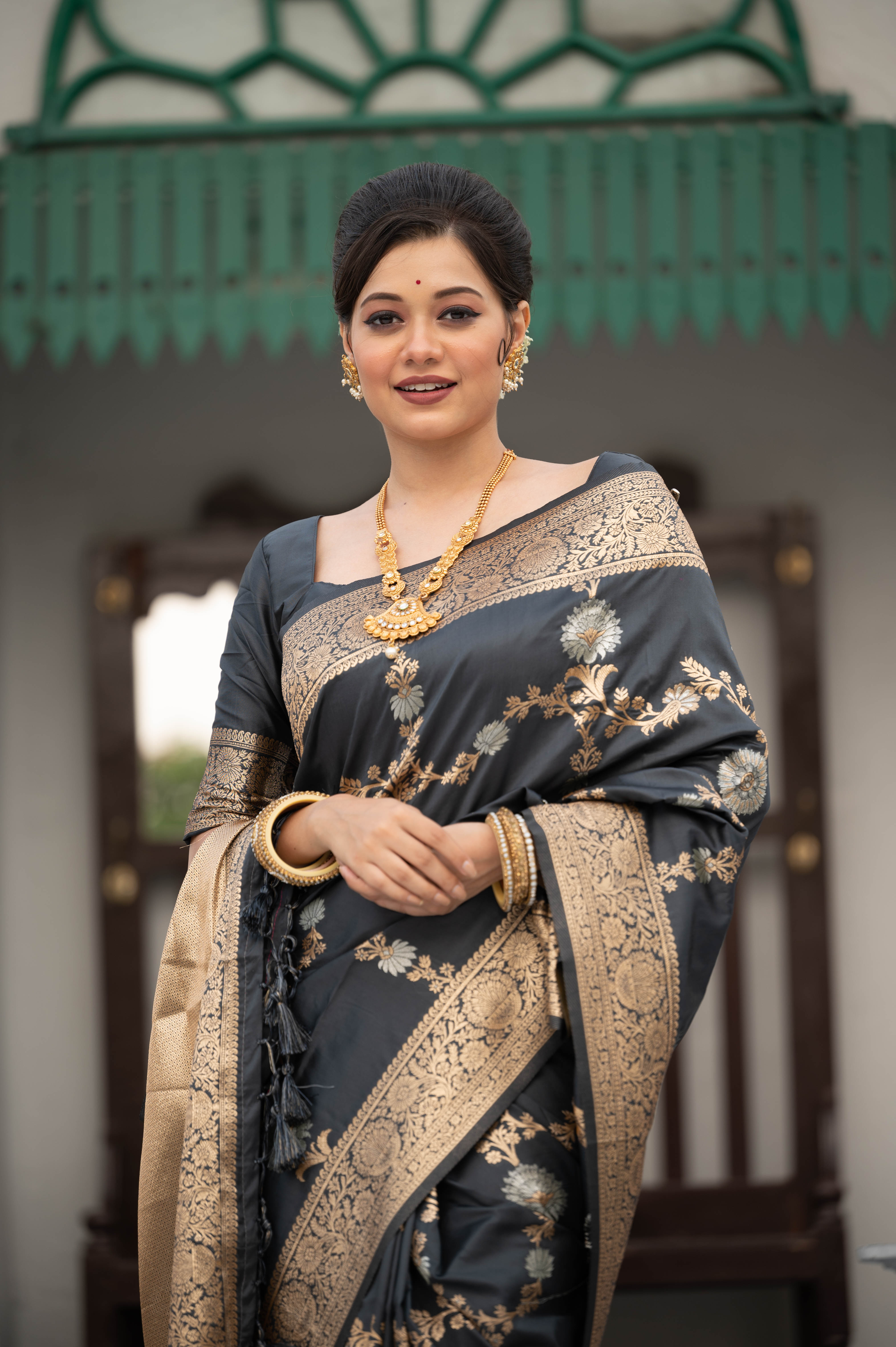 Ship Grey Woven Banarasi Silk Saree