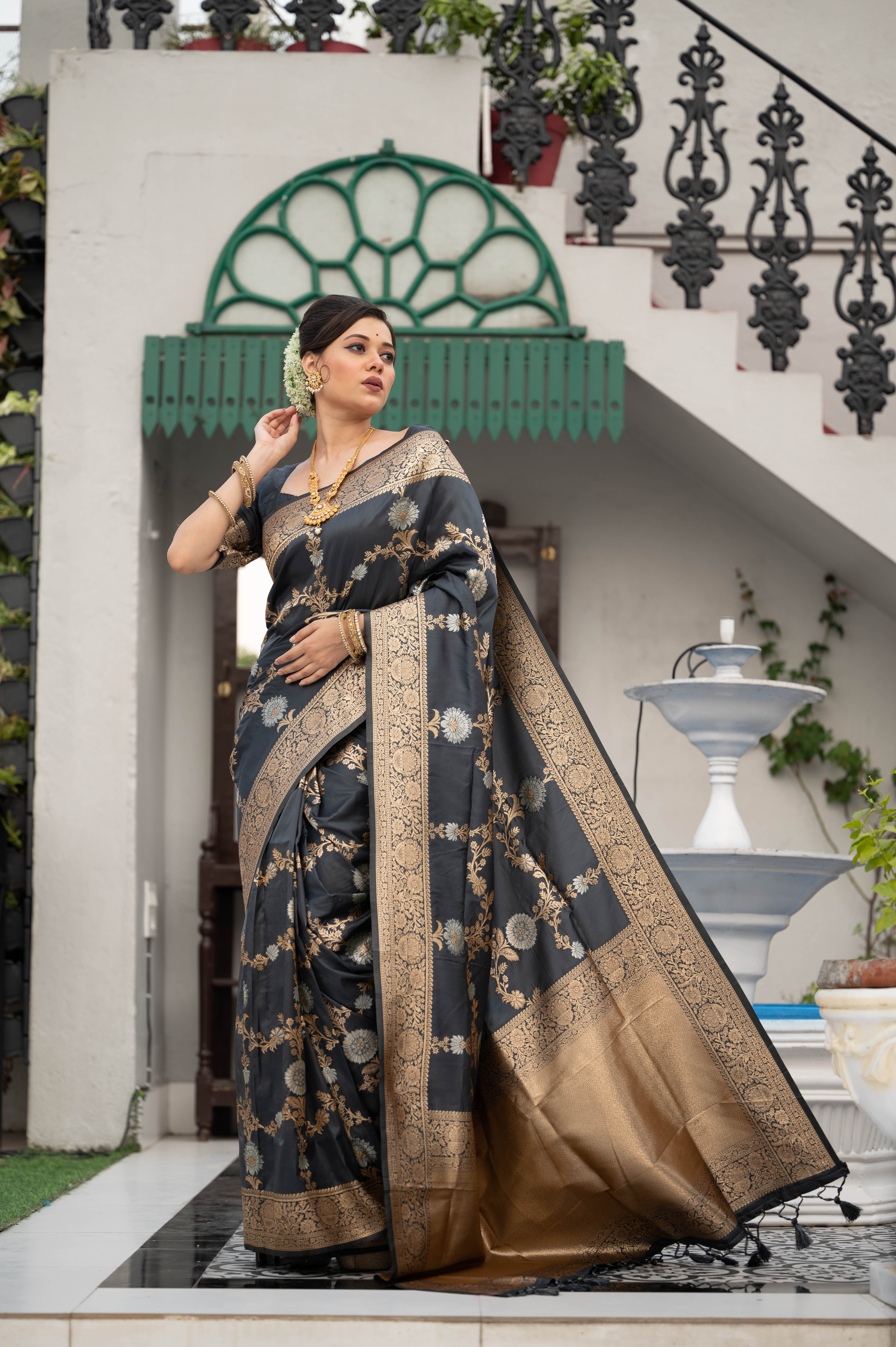 Ship Grey Woven Banarasi Silk Saree