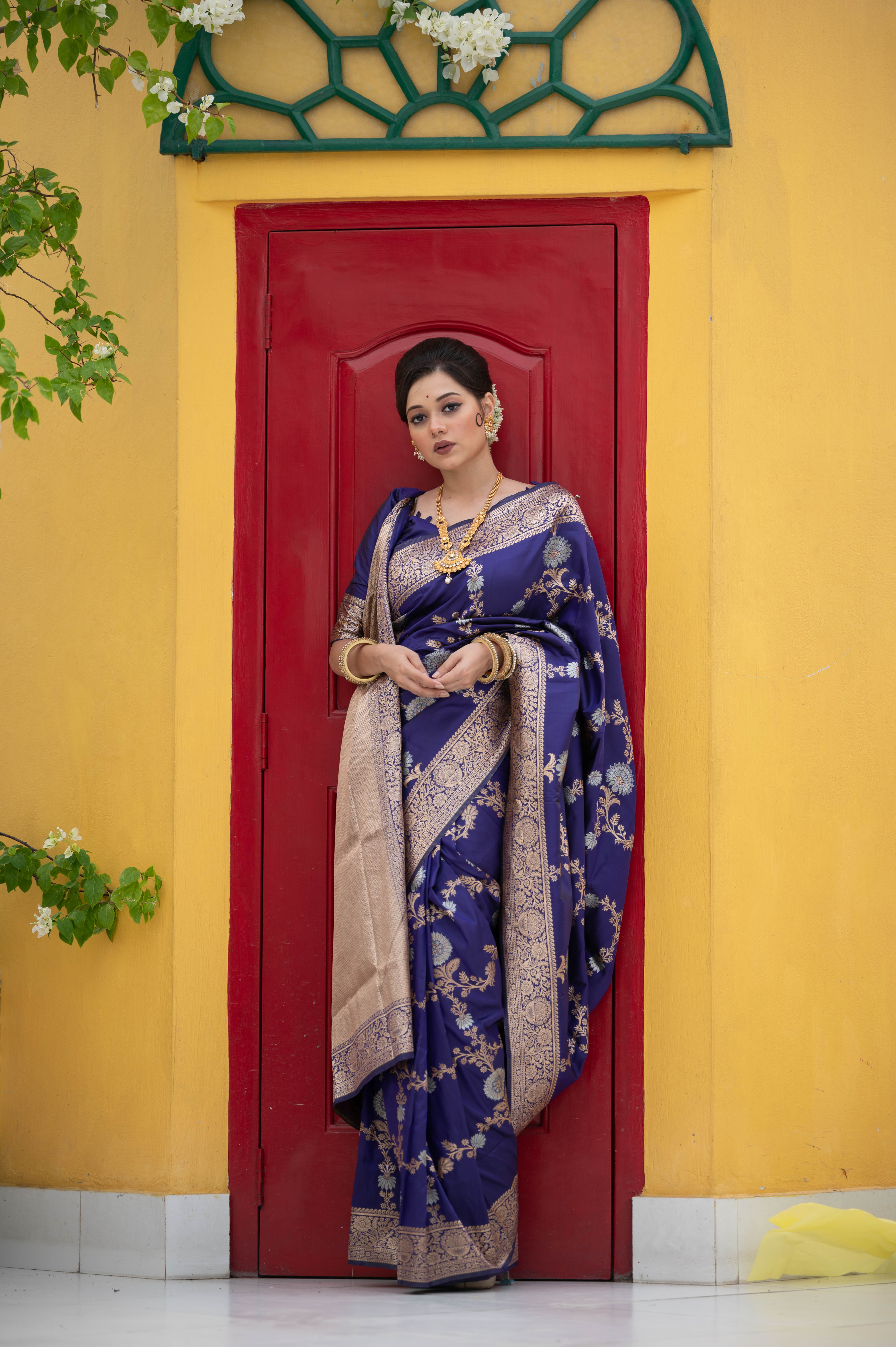 Butterfly Bush Blue Woven Banarasi Silk Saree