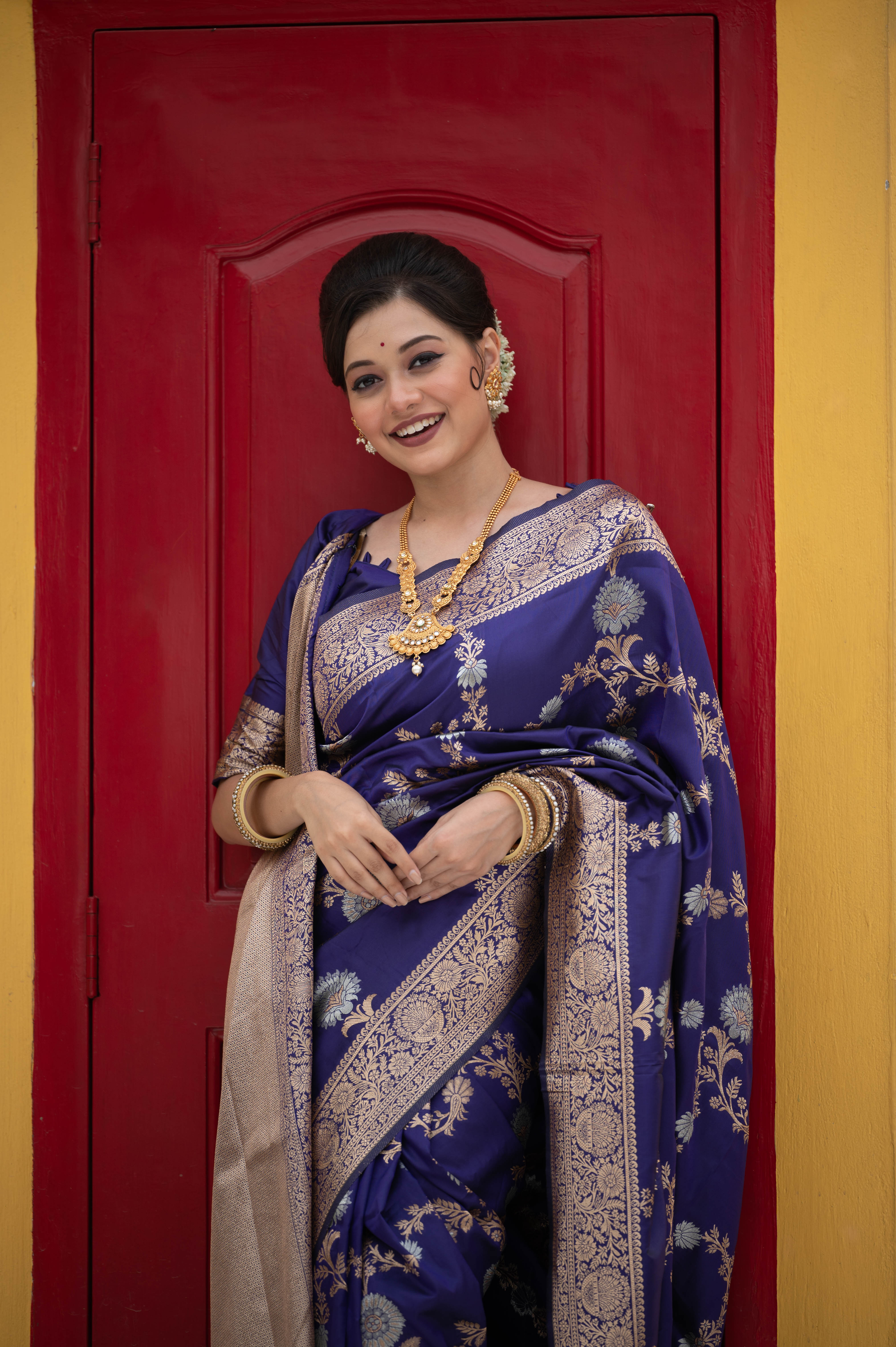 Butterfly Bush Blue Woven Banarasi Silk Saree