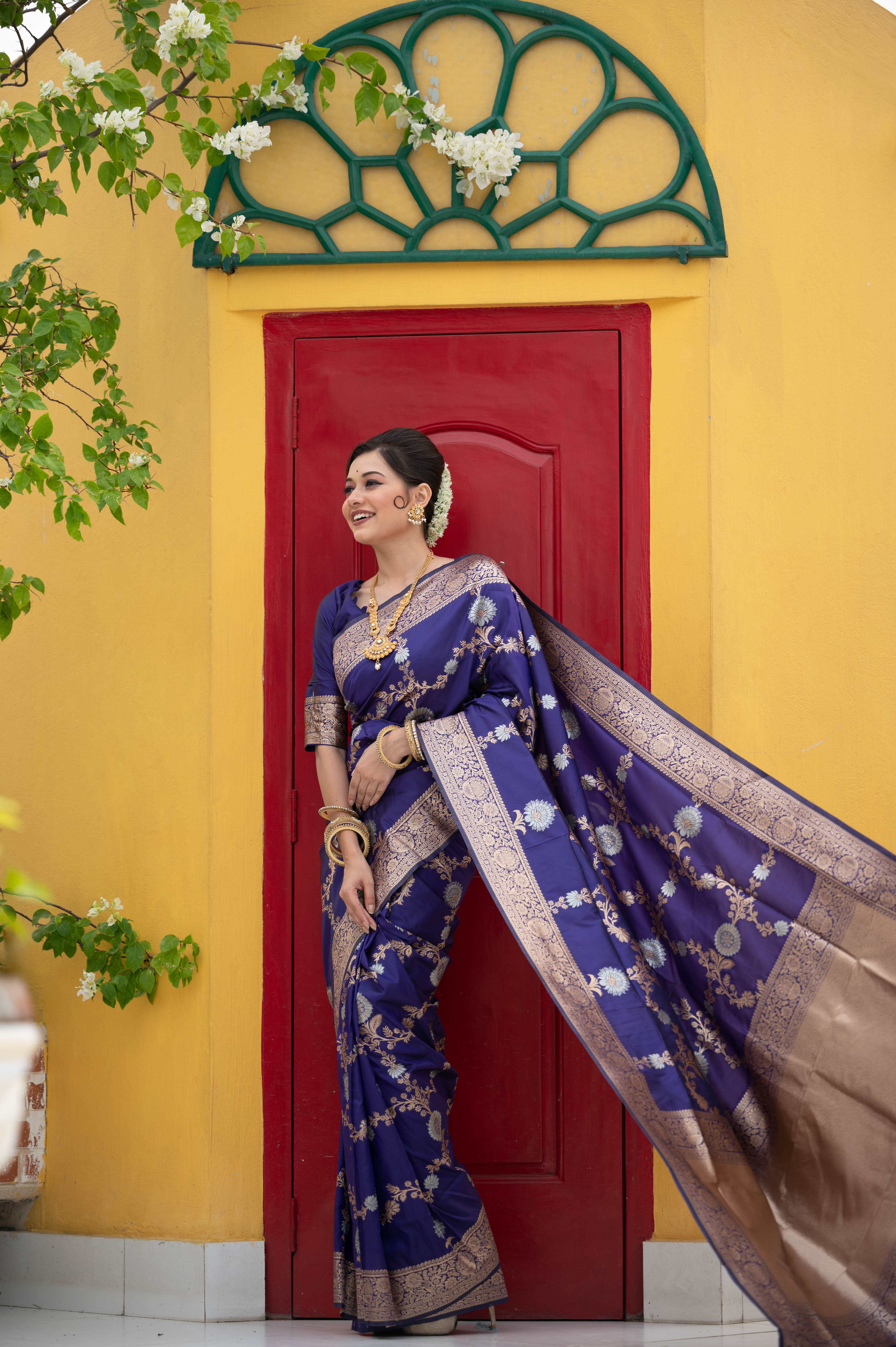 Butterfly Bush Blue Woven Banarasi Silk Saree