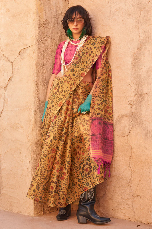 Faded Orange Handwoven Zari Tissue Printed Saree With Contrast Pallu