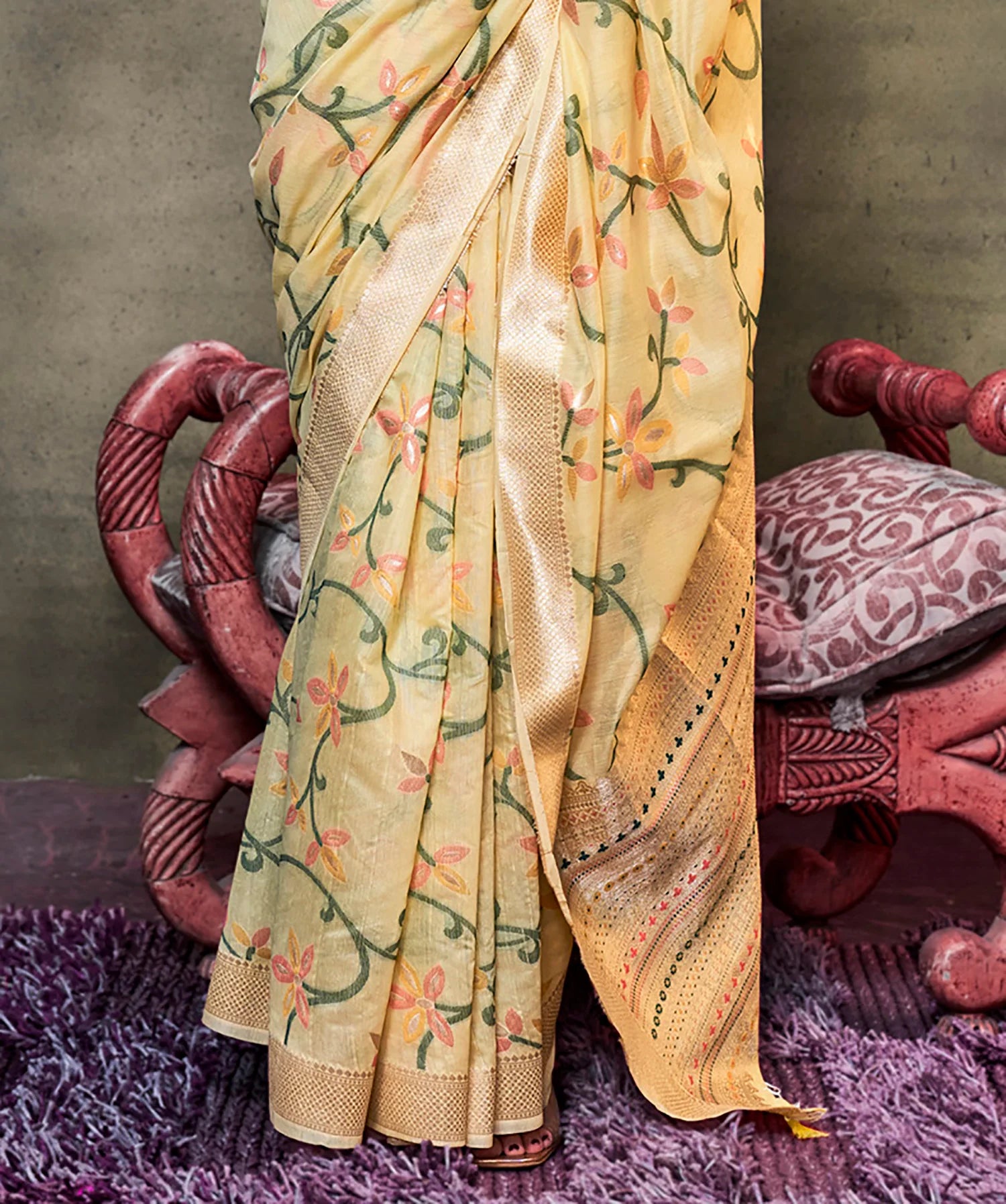 Yellow Floral Jamdani Spun Cotton Handwoven Saree