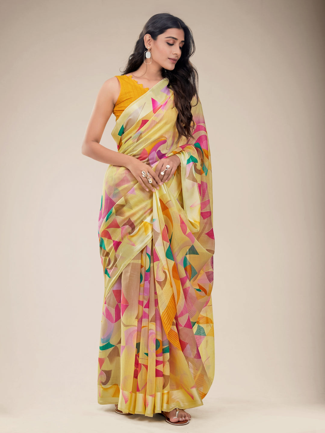 Lemon Yellow Geometric Print Saree