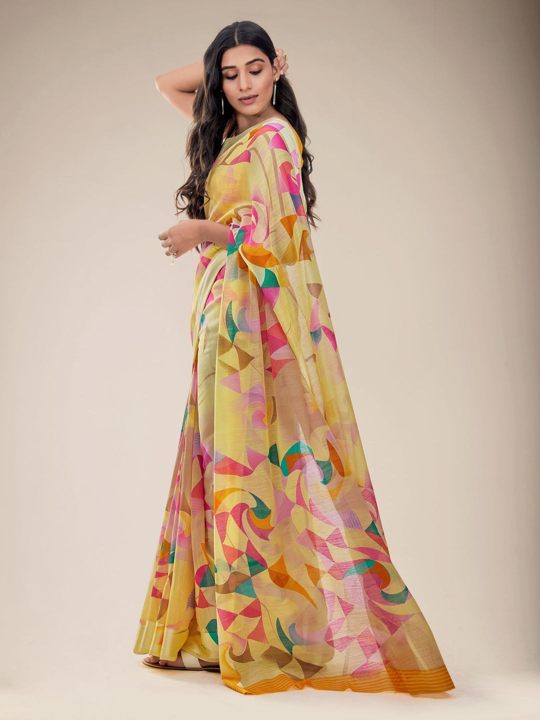 Lemon Yellow Geometric Print Saree