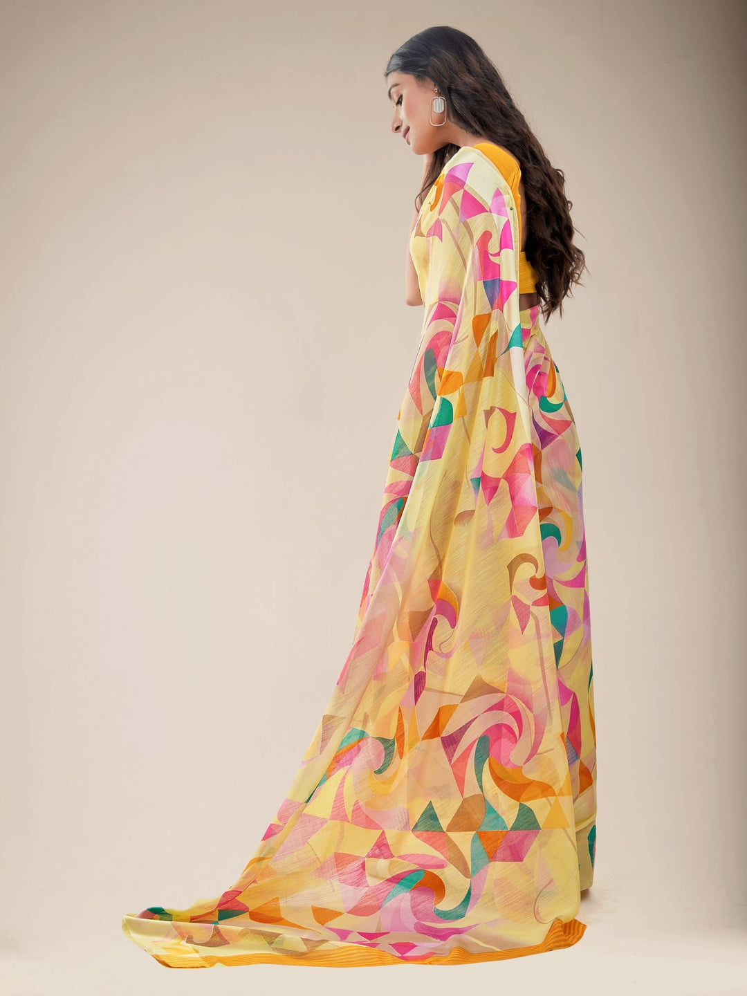 Lemon Yellow Geometric Print Saree