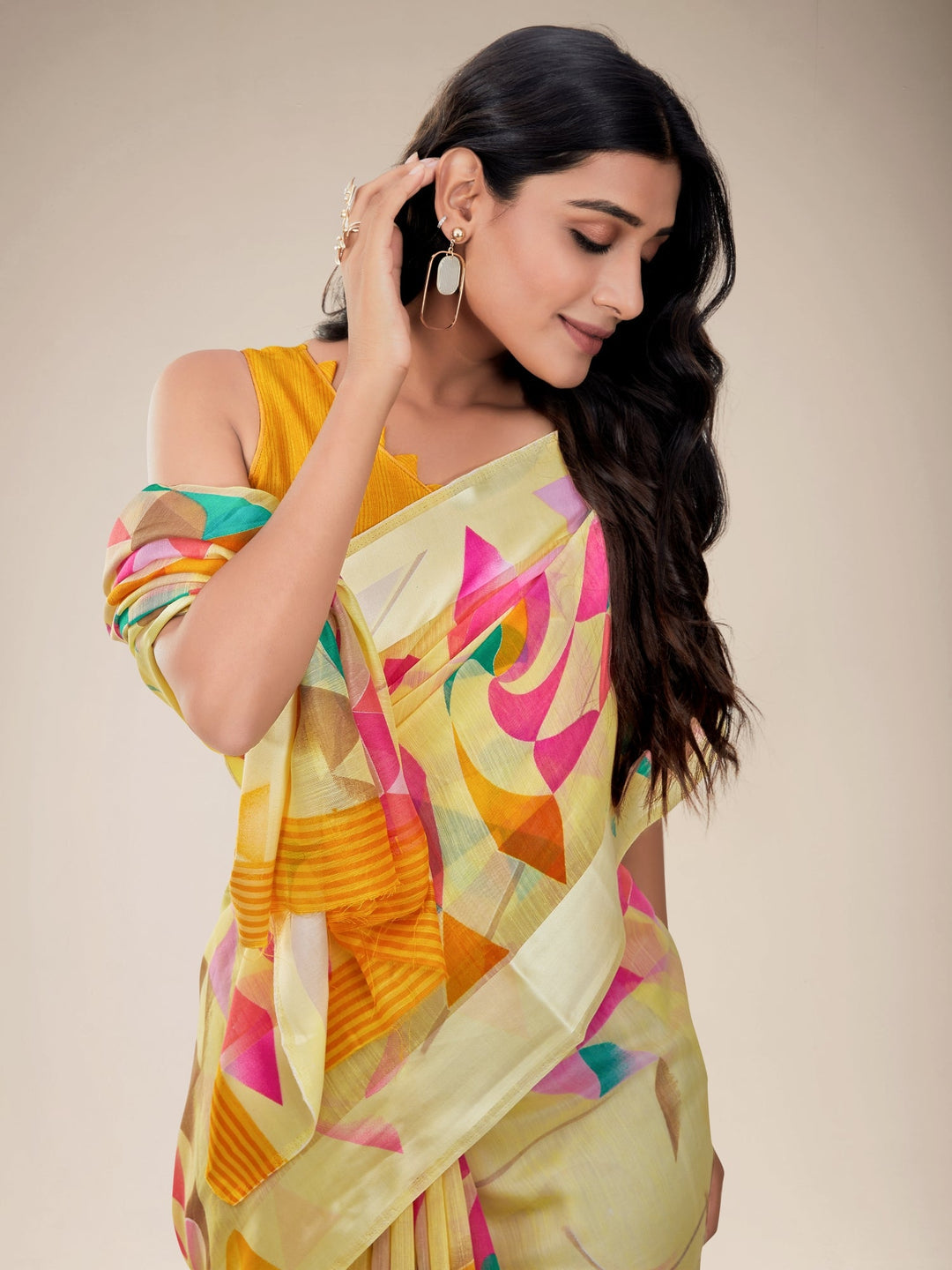 Lemon Yellow Geometric Print Saree