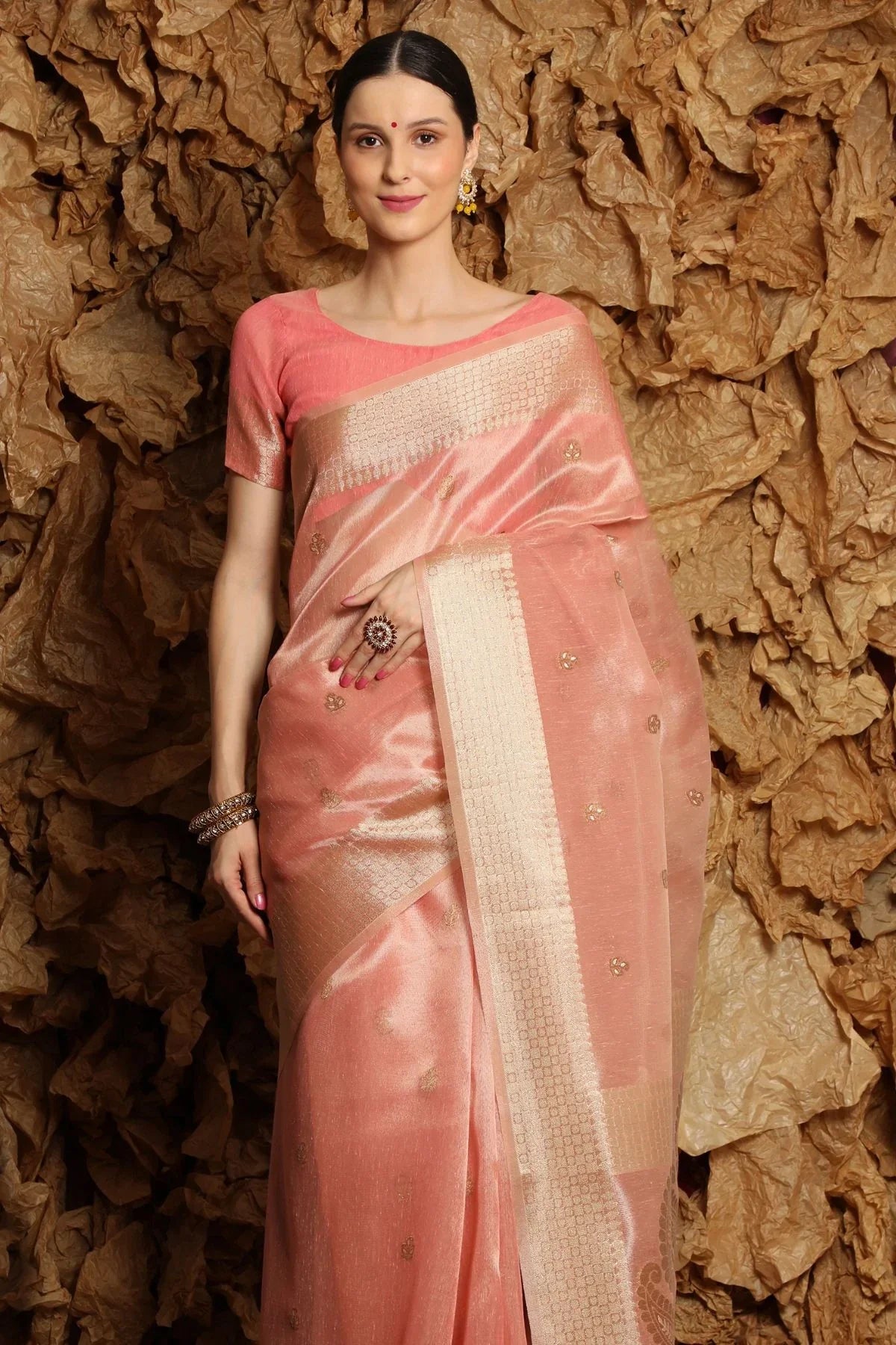 Japonica Pink Tissue Linen Saree