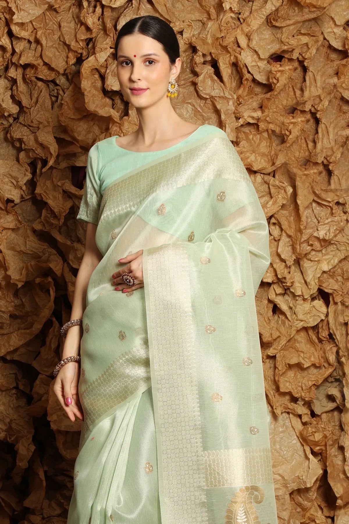 Locust Green Tissue Linen Saree