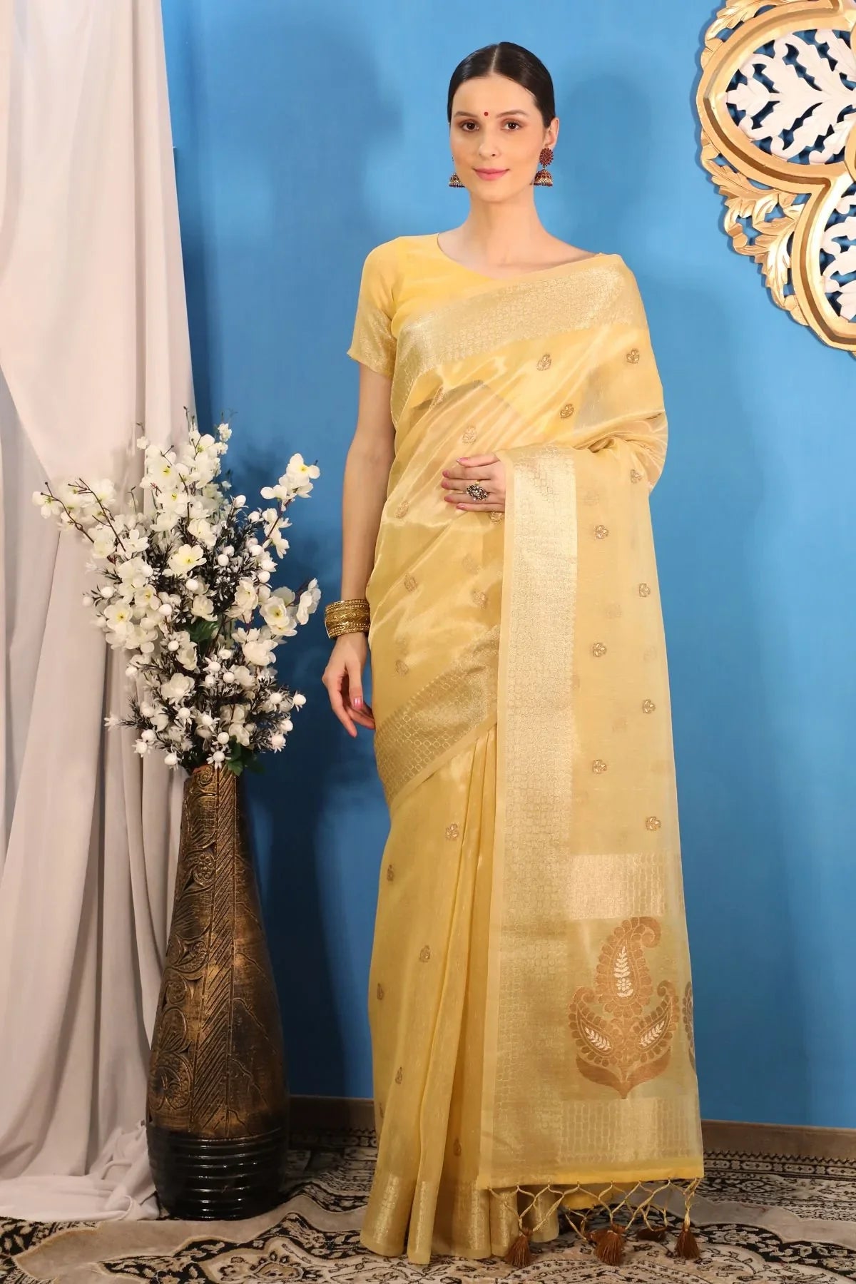 Flax Yellow Tissue Linen Saree