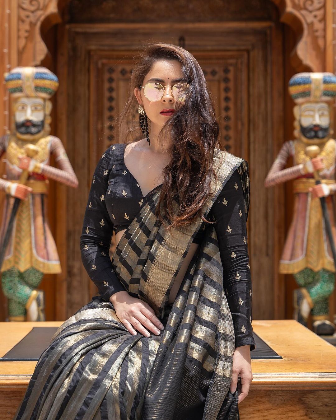 Sonali Kulkarni in Raven Black Banarasi Handloom Silk Saree