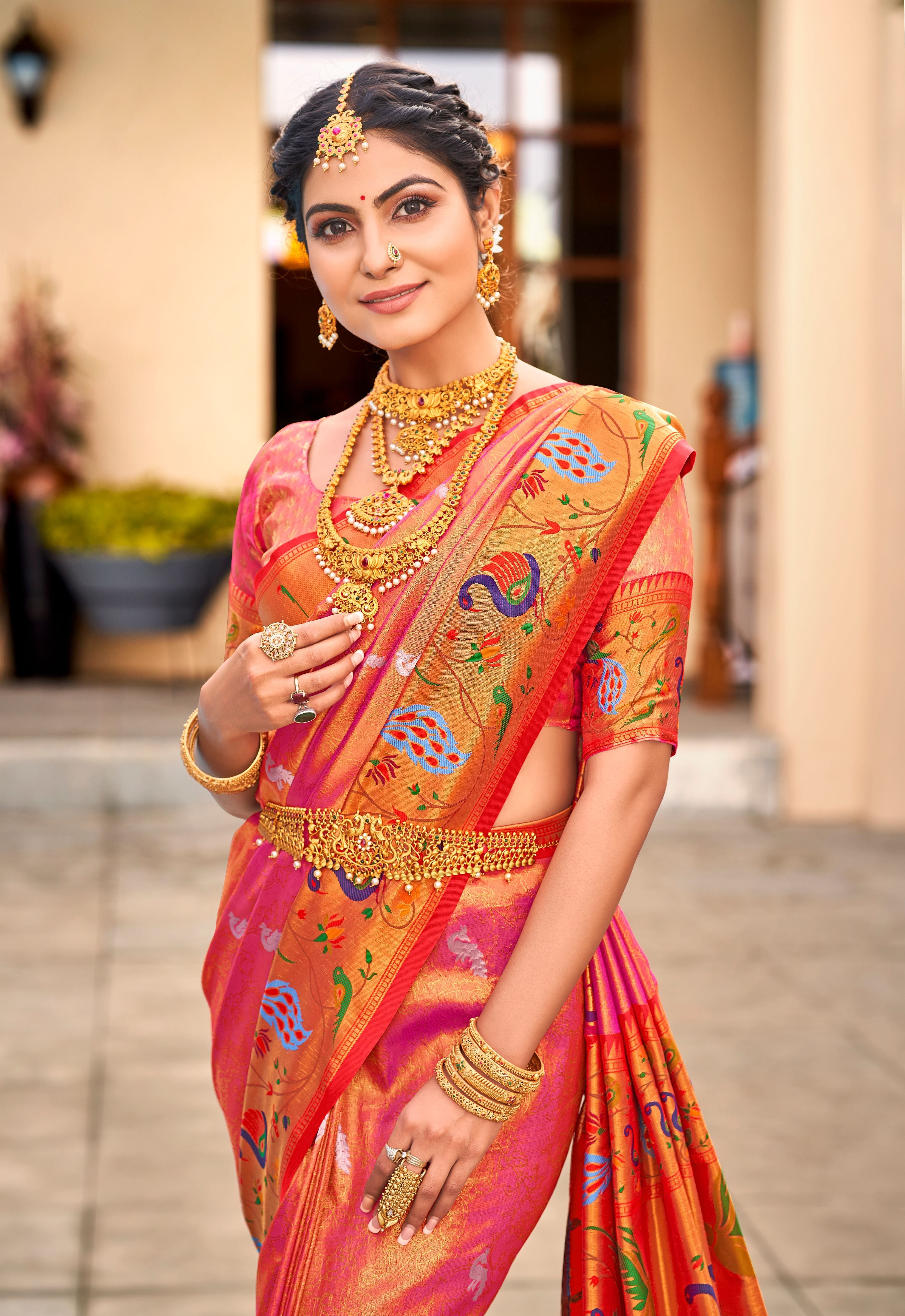 Roman Pink Woven Paithani Silk Saree