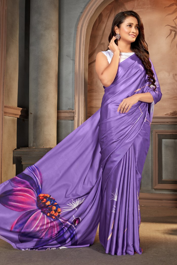 Wisteria Purple Printed Satin Crepe Saree