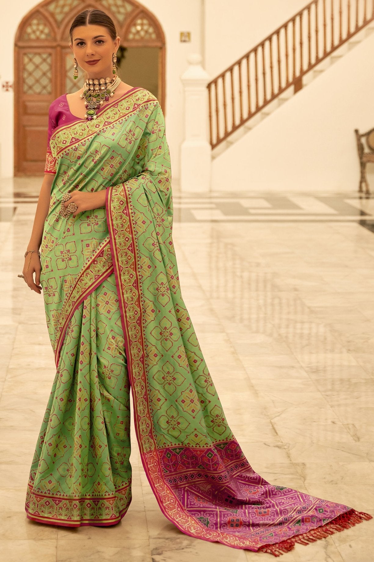 Parrot Green Woven Patola Silk Saree