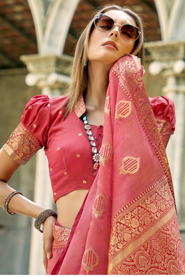 Roman Pink Handloom Banarasi Silk Saree