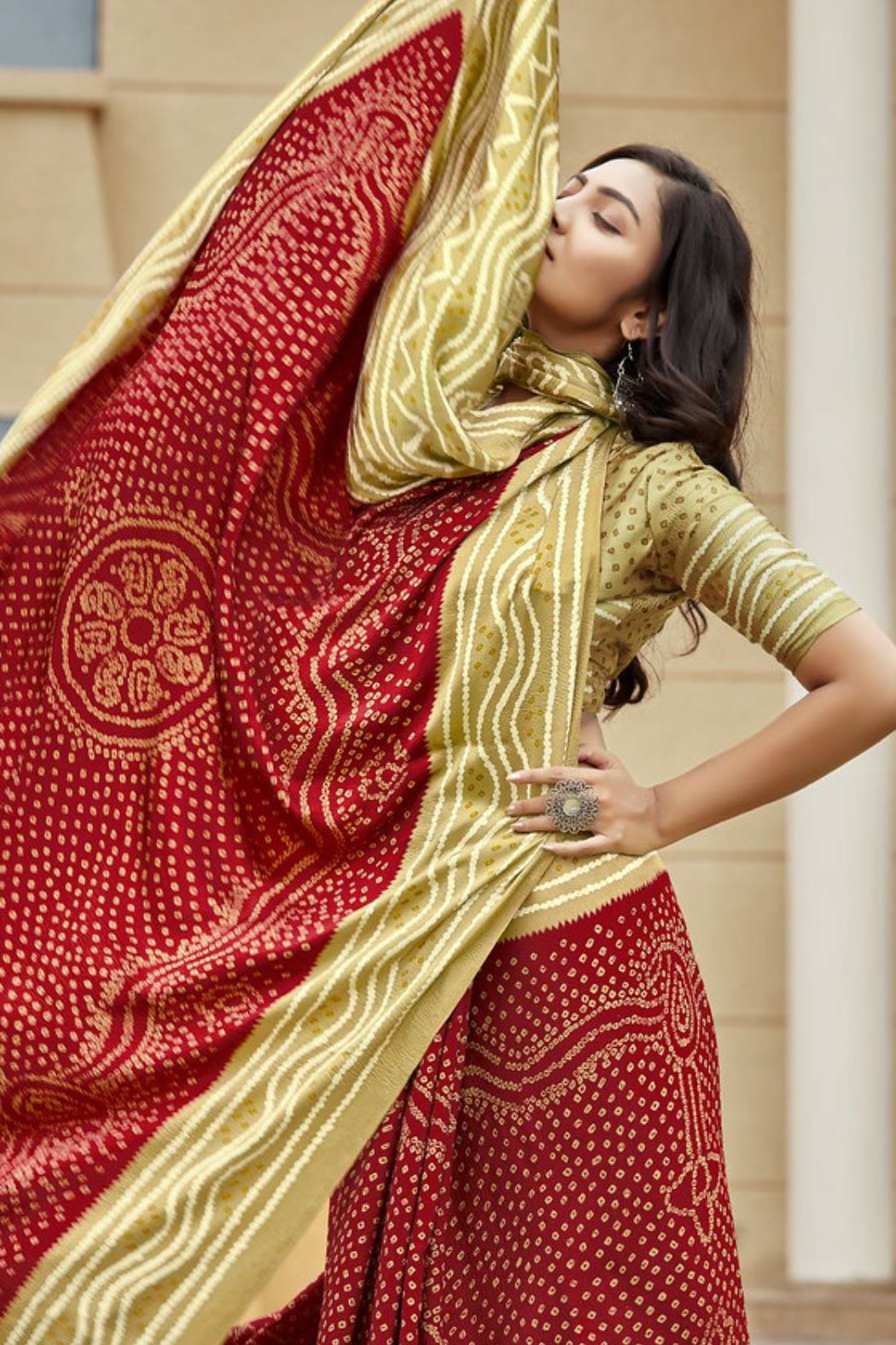 Metallic Copper Brown and Yellow Gaji Bandhani Silk Saree