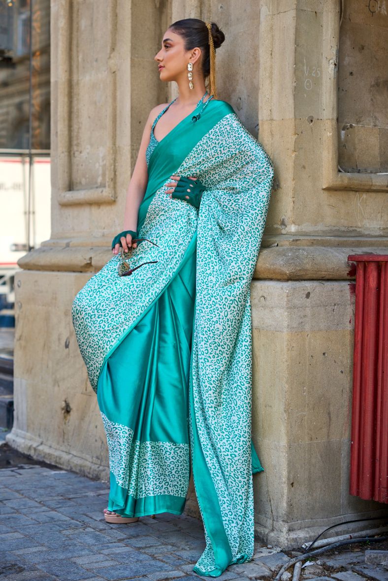 Fountain Blue Printed Satin Crepe Sarees