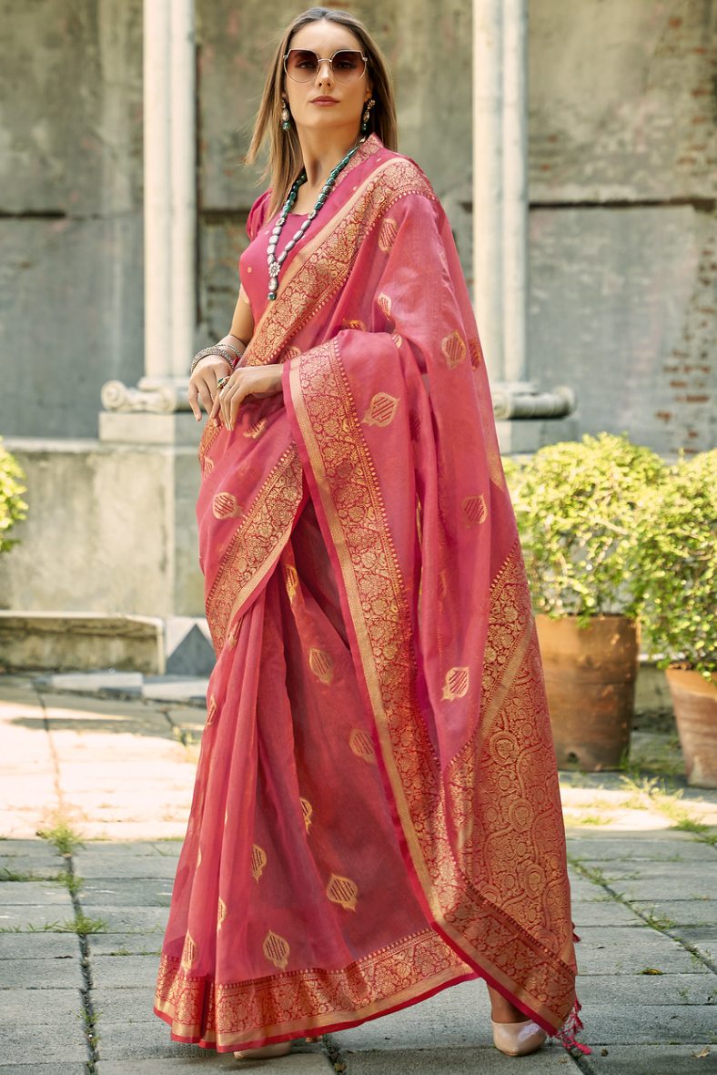 Roman Pink Handloom Banarasi Silk Saree