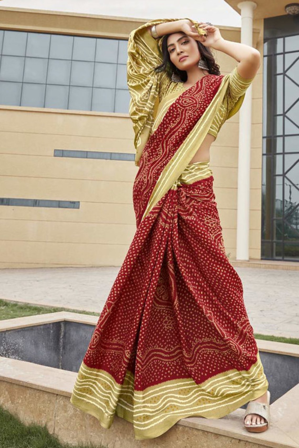 Metallic Copper Brown and Yellow Gaji Bandhani Silk Saree