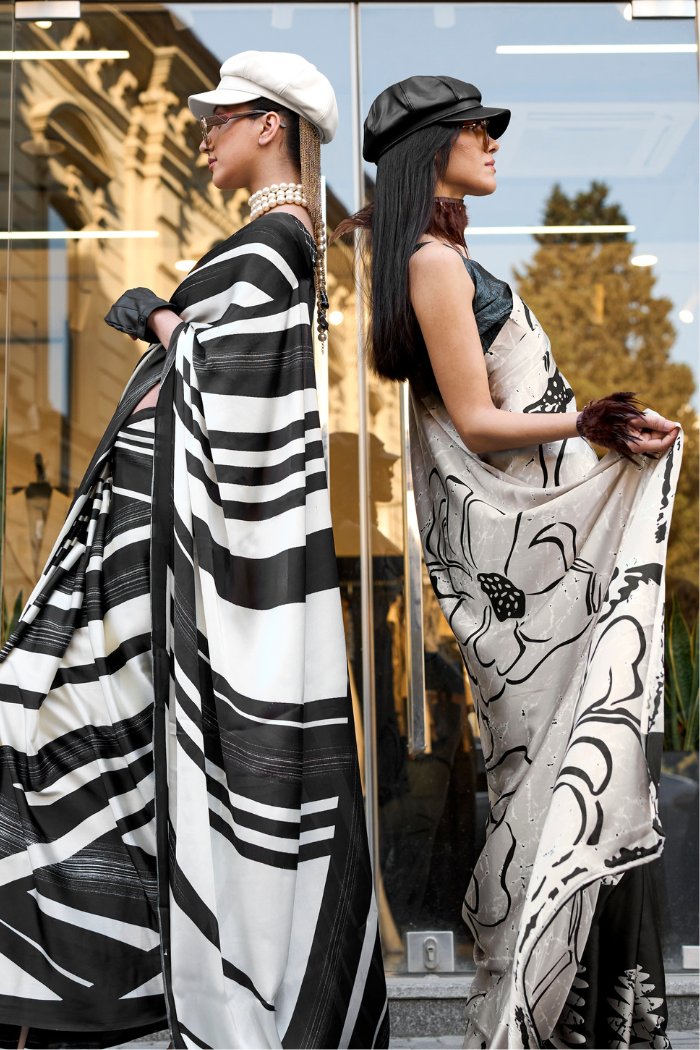 Scarpa Flow Black and White Printed Satin Crepe Saree