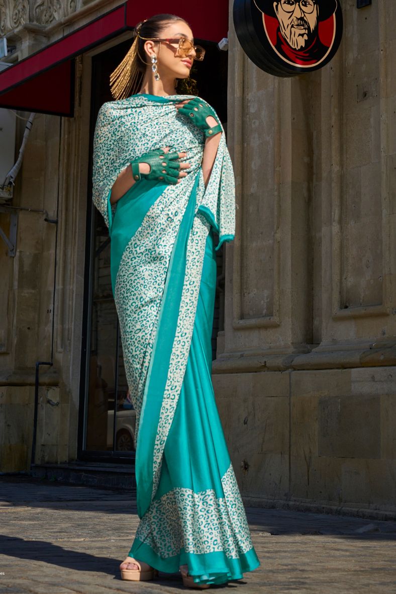 Fountain Blue Printed Satin Crepe Sarees