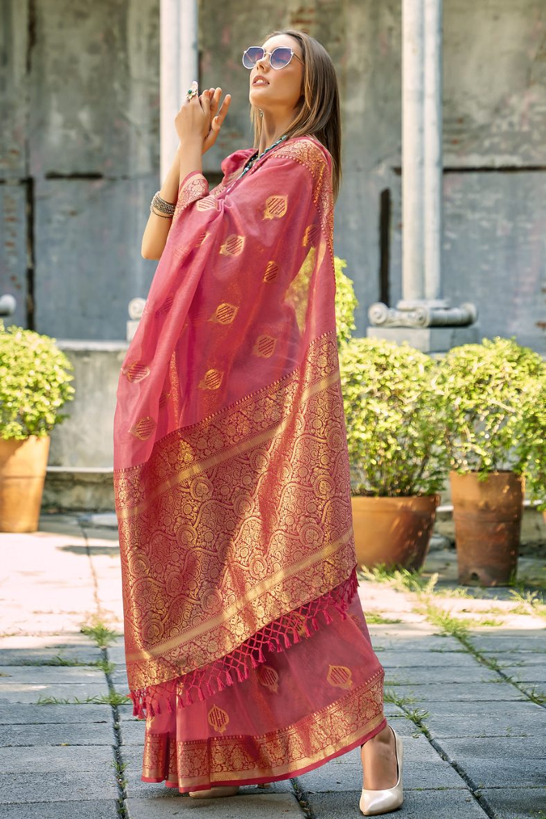 Roman Pink Handloom Banarasi Silk Saree