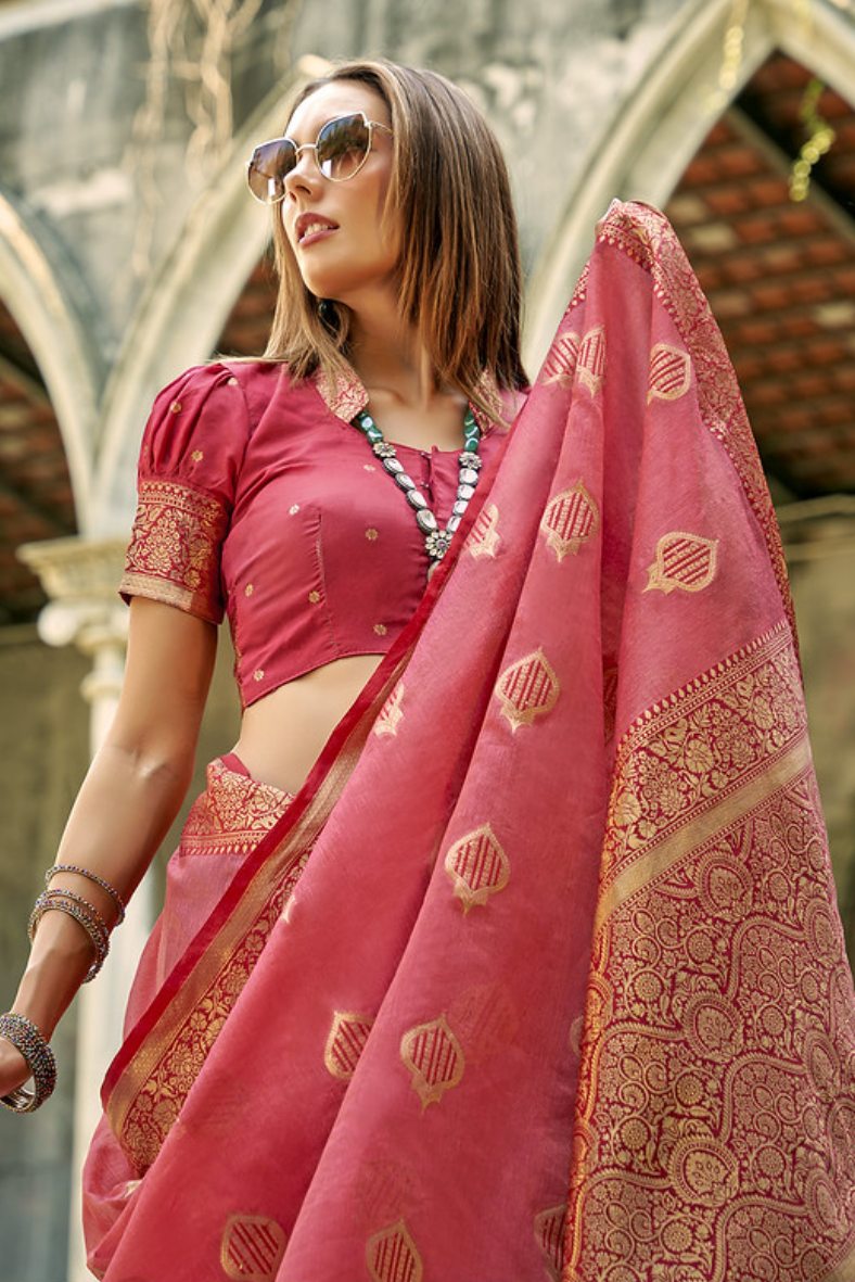 Roman Pink Handloom Banarasi Silk Saree