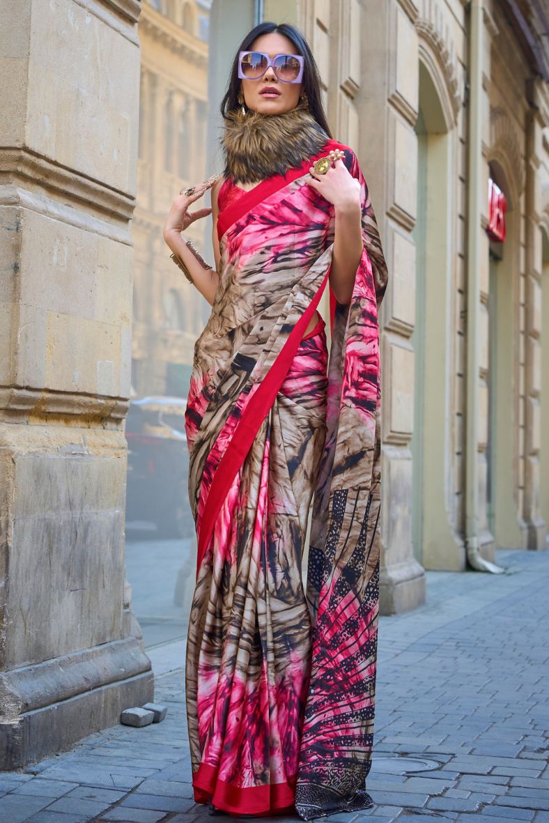 Princess Perfume Pink and Red Printed Satin Crepe Saree