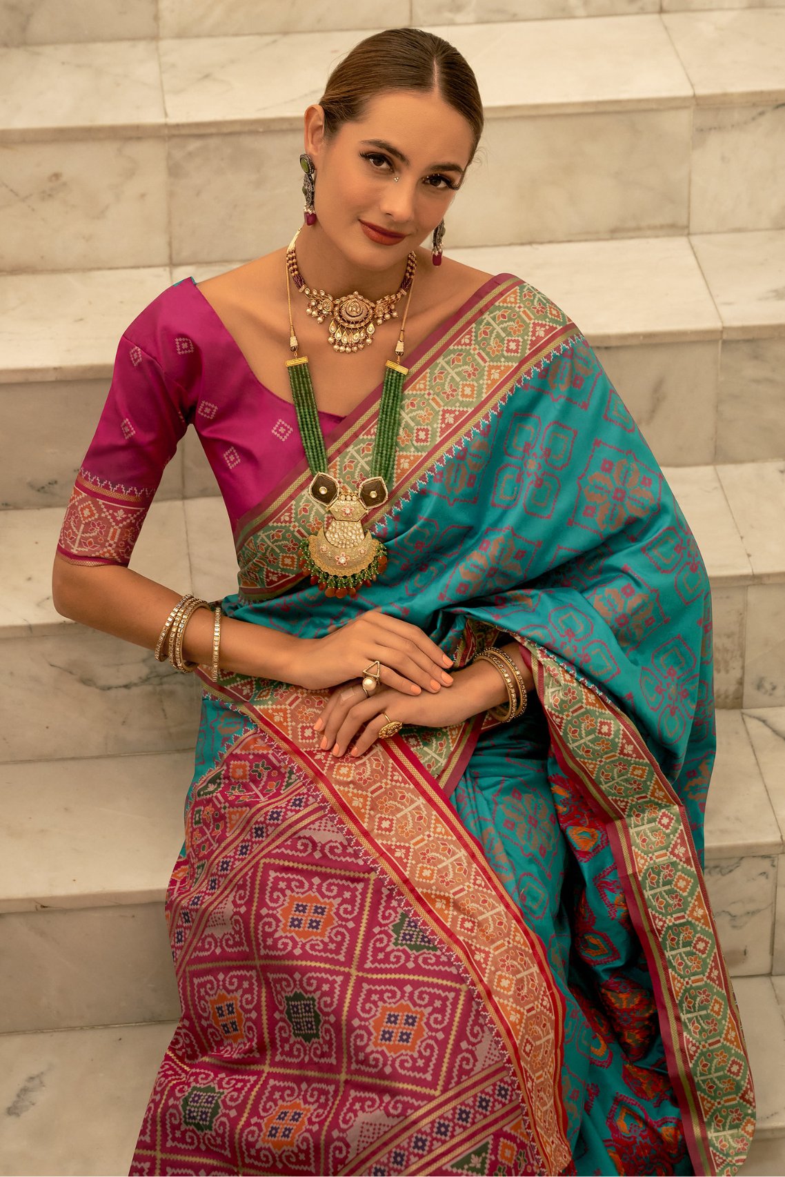 Malachite Blue Woven Patola Silk Saree