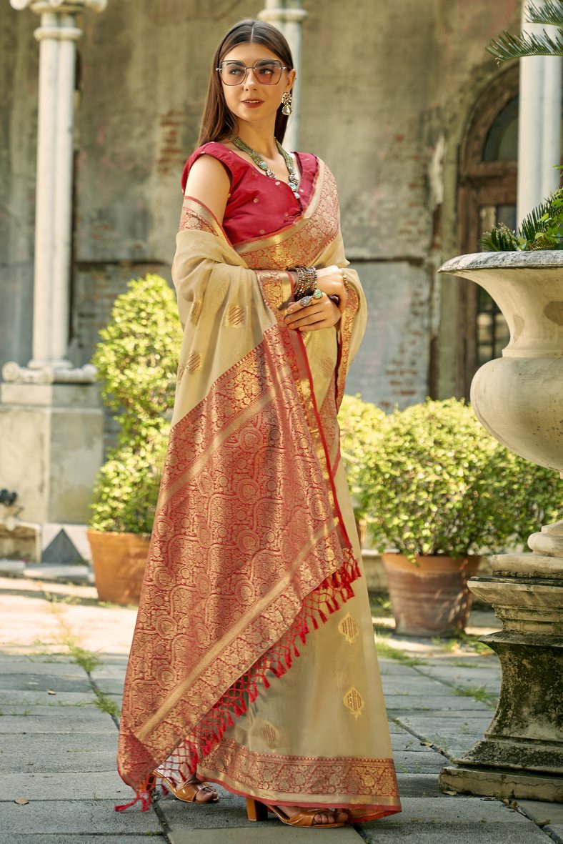 Calico Yellow and Cream Banarasi Silk Saree