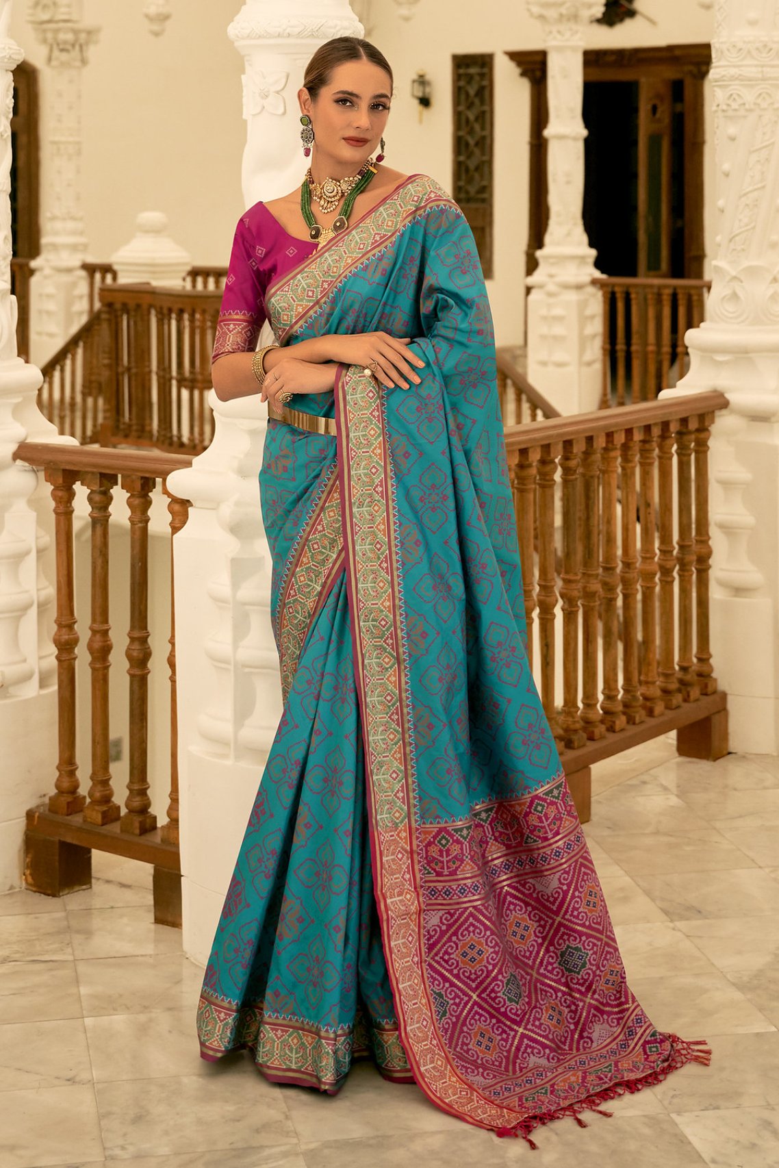 Malachite Blue Woven Patola Silk Saree