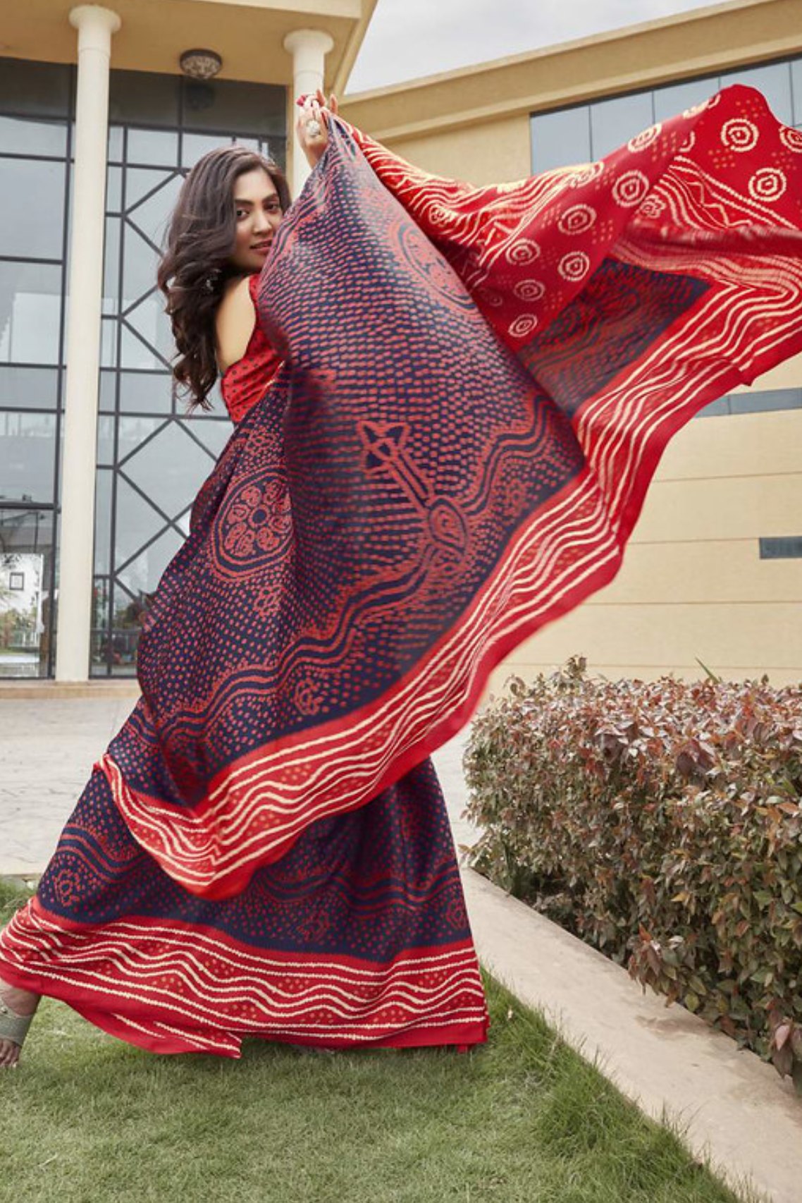 Coral Tree Brown Gaji Bandhani Silk Saree