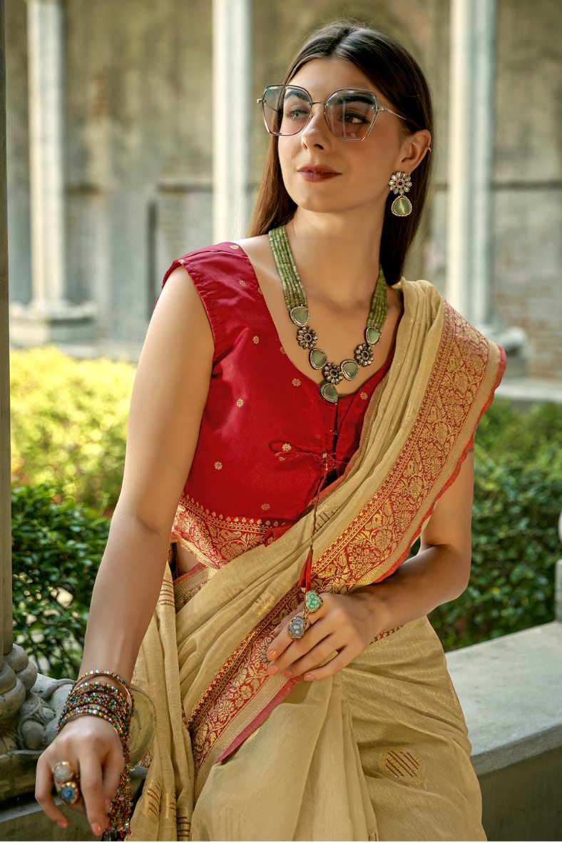 Calico Yellow and Cream Banarasi Silk Saree