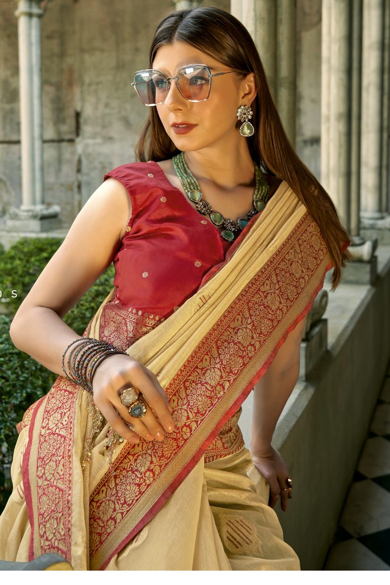 Calico Yellow and Cream Banarasi Silk Saree