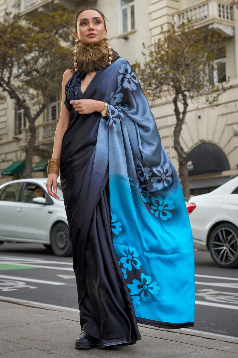 Cinder Black and Blue Printed Satin Crepe Sarees