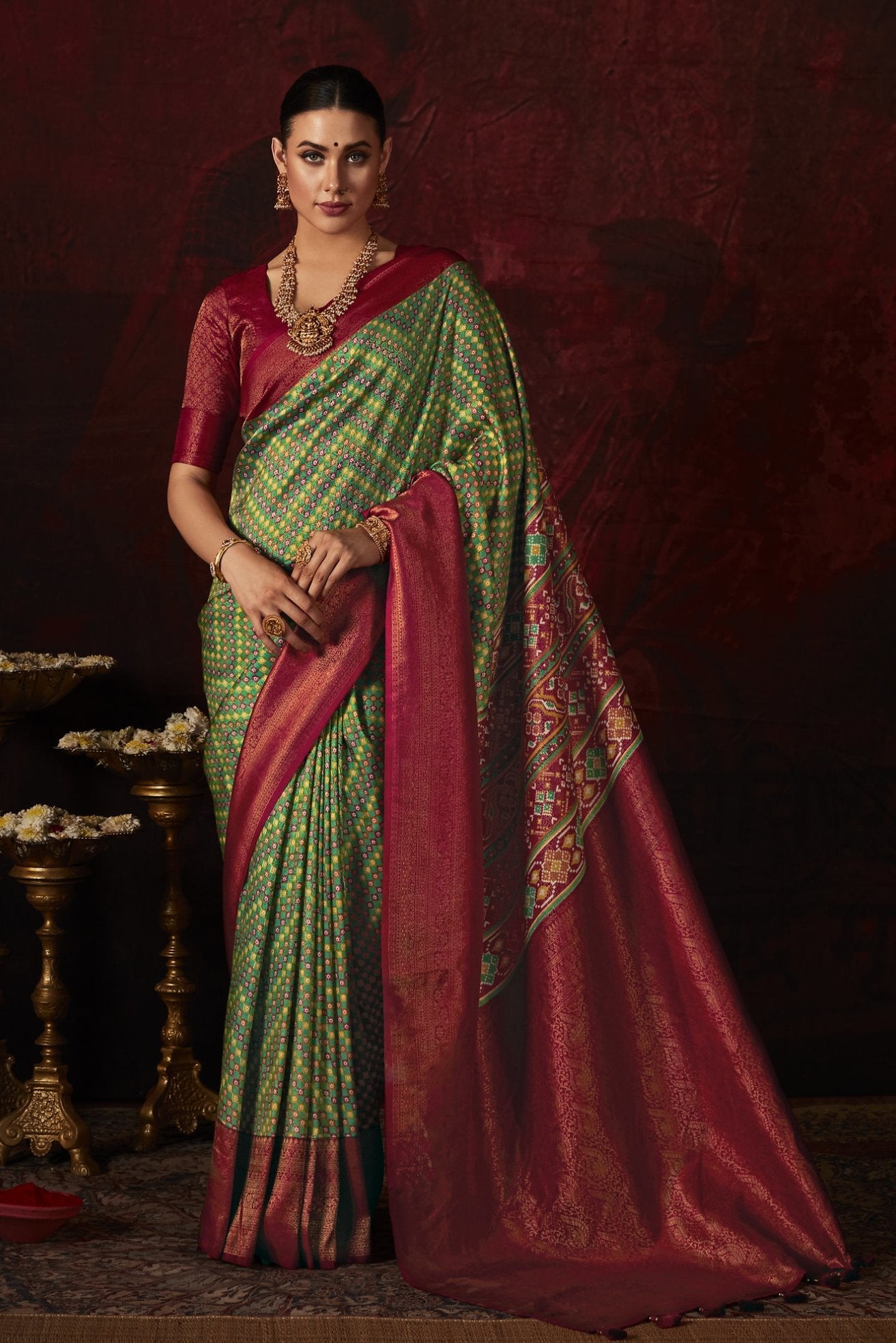 Asparagus Green Banarasi Digital Printed Saree