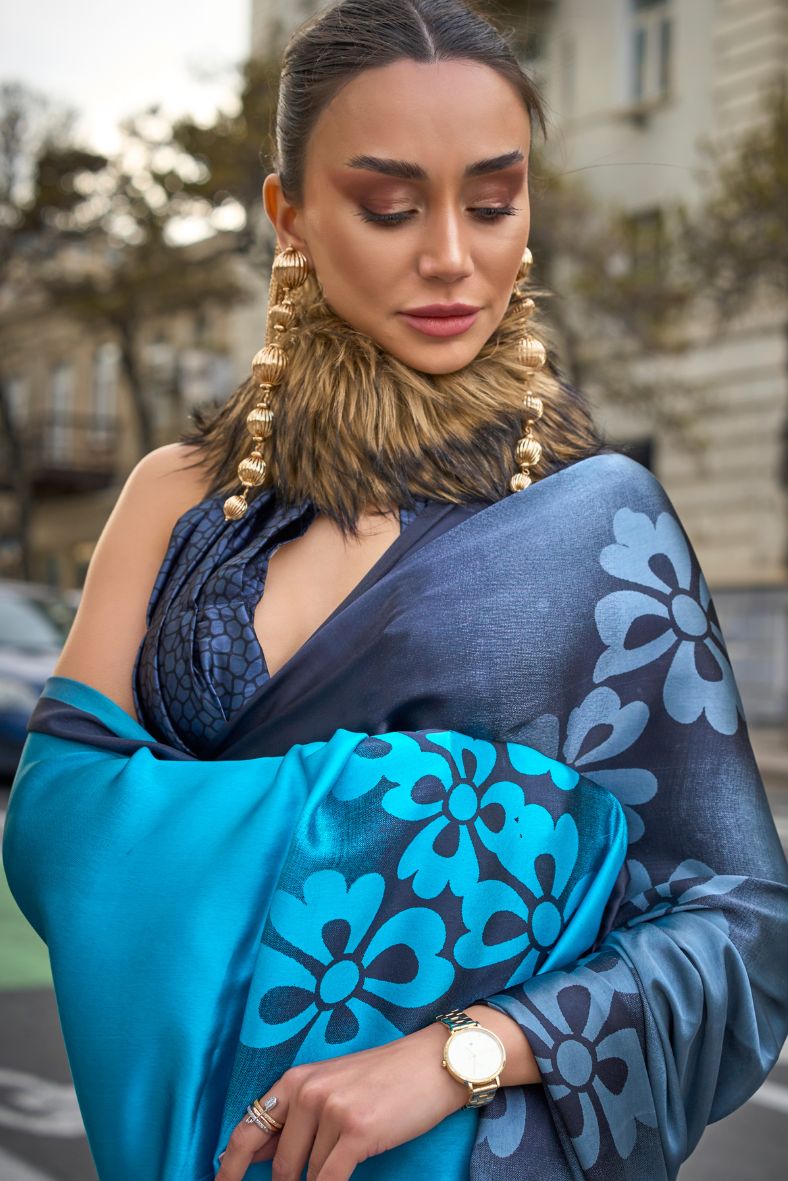 Cinder Black and Blue Printed Satin Crepe Sarees