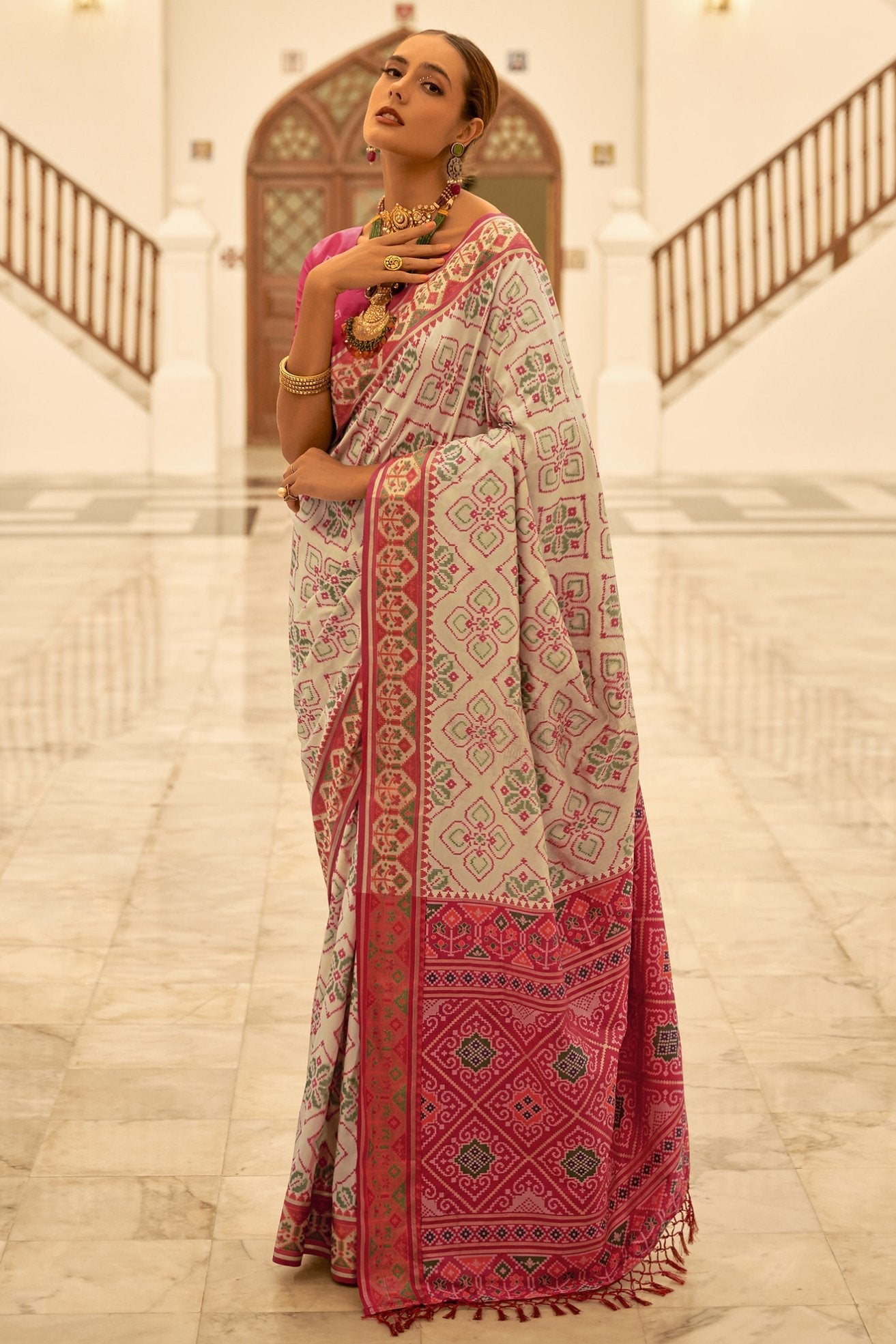 Calico Cream and Pink Woven Patola Silk Saree