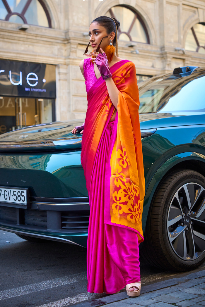 Pizazz Orange and Pink Printed Satin Crepe Saree