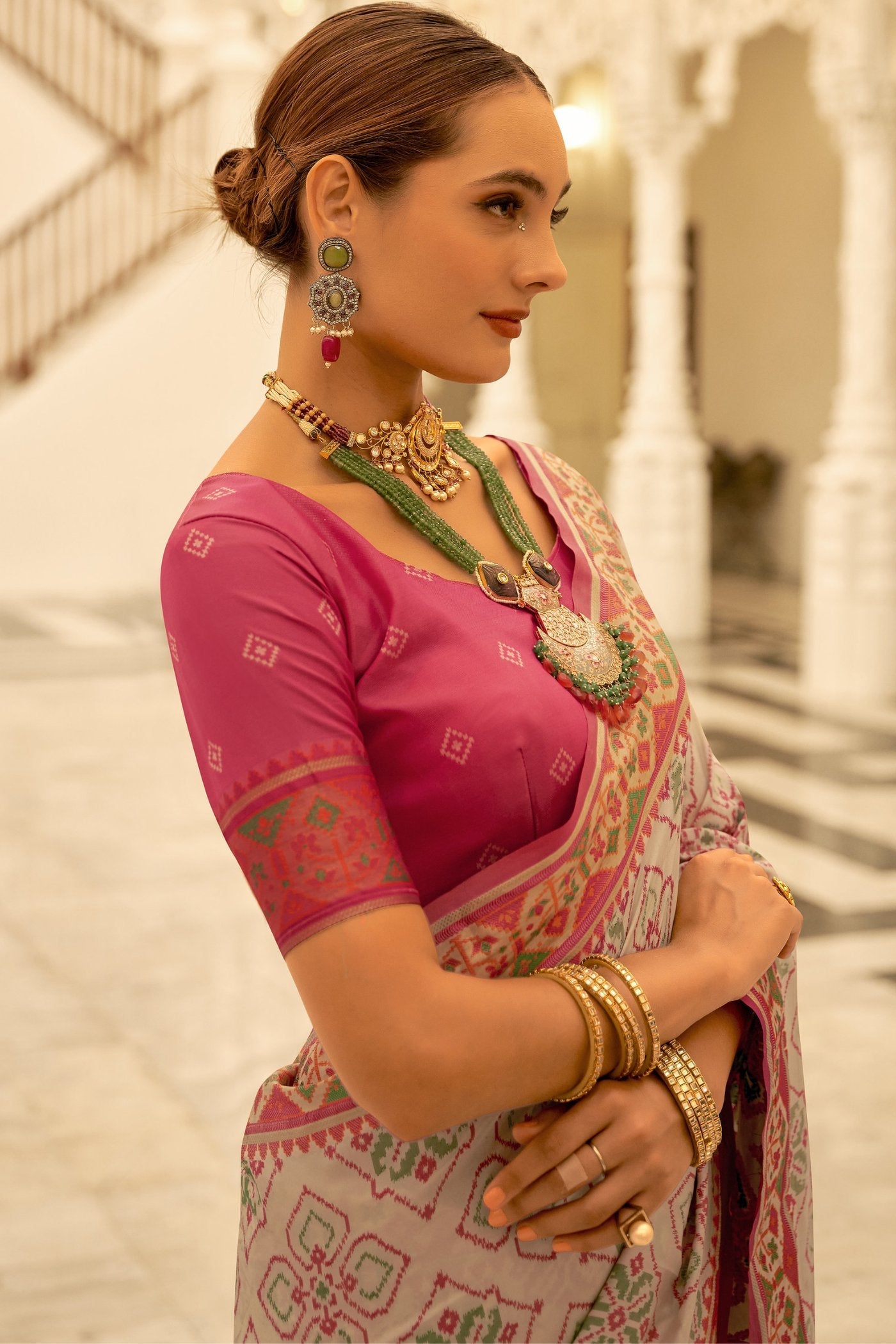 Calico Cream and Pink Woven Patola Silk Saree