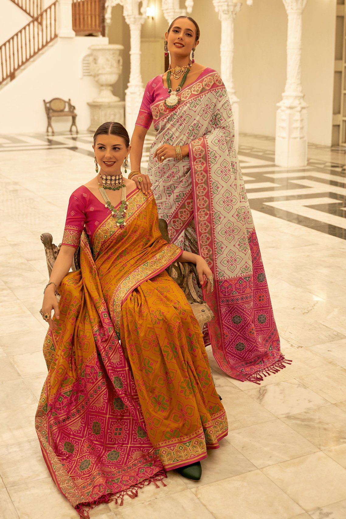 Calico Cream and Pink Woven Patola Silk Saree