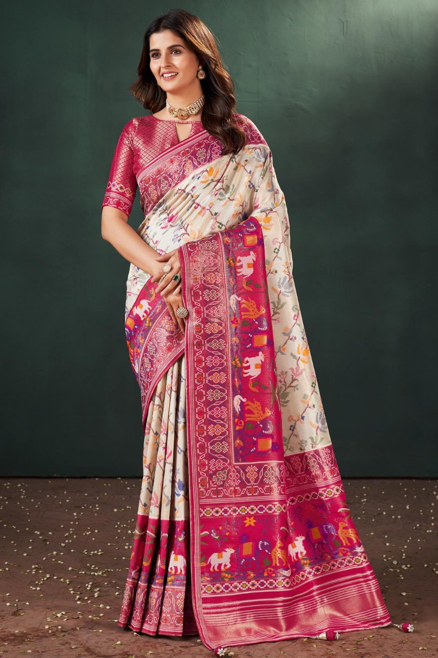 Bone white and Pink Designer Banarasi Saree