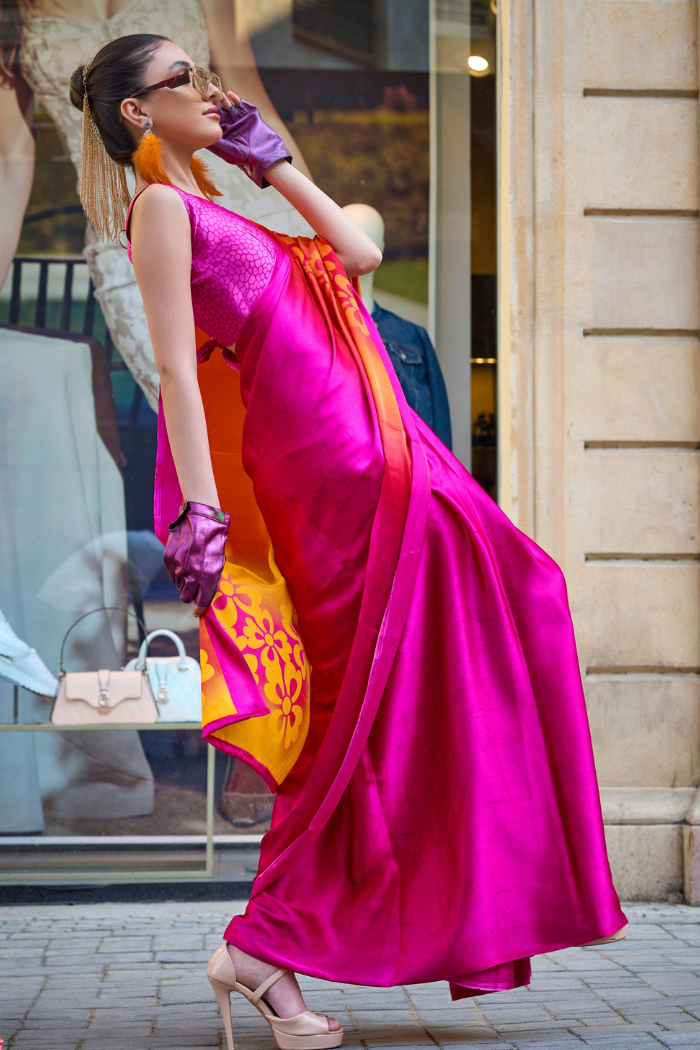 Pizazz Orange and Pink Printed Satin Crepe Saree