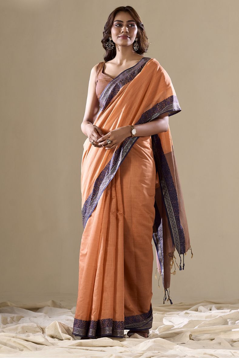 Copperfield Orange Handloom Cotton Saree