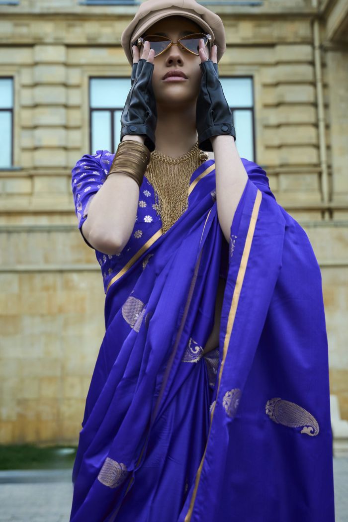 Ocean Blue Pearl Banarasi Satin Saree