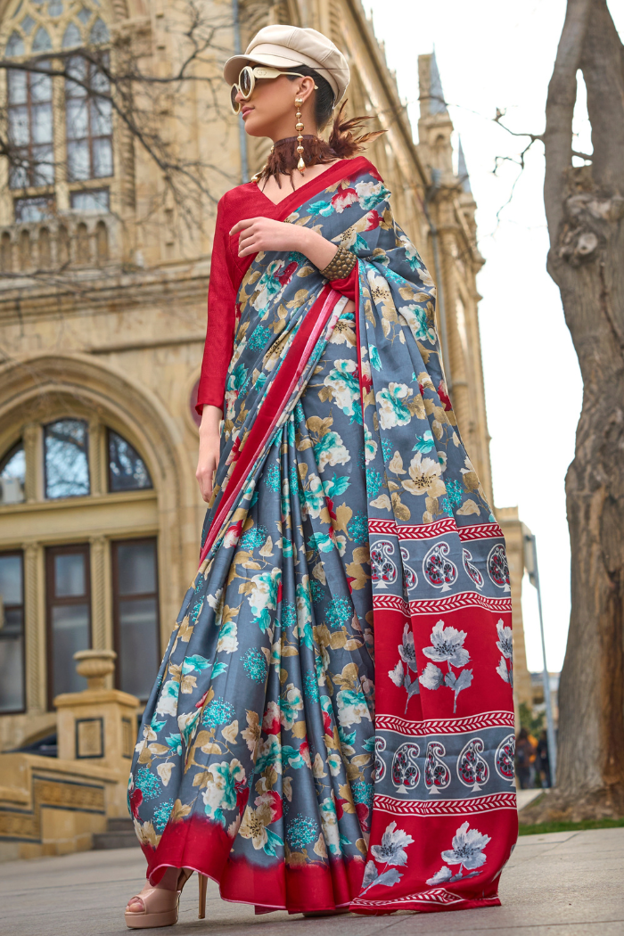 Slate Grey and Red Printed Satin Crepe Saree