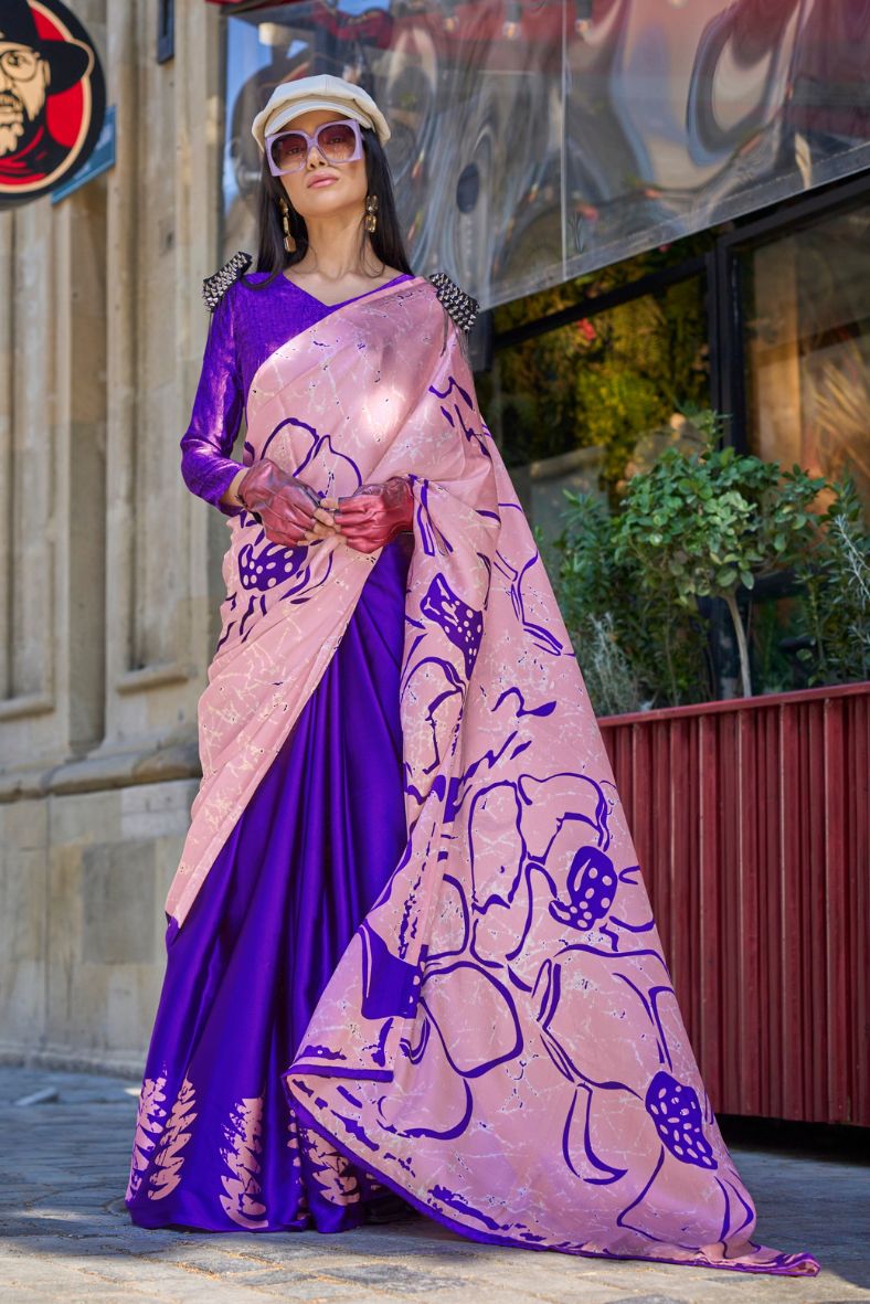 Blue Gem and Pink Printed Satin Crepe Sarees